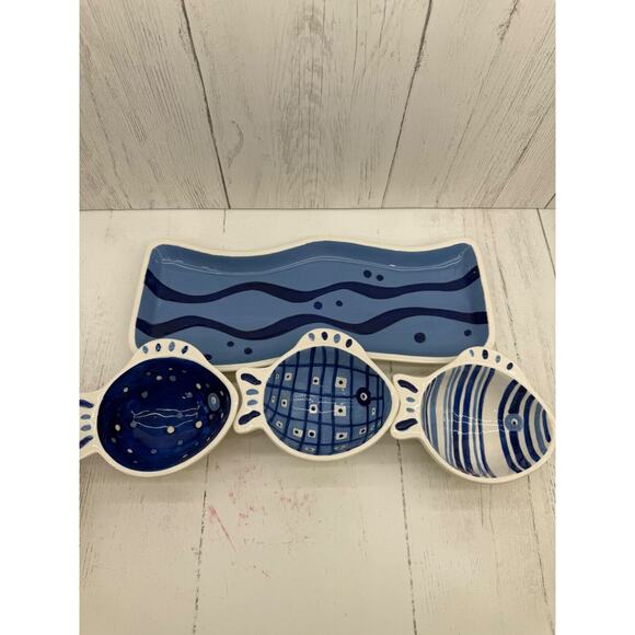 Crate & Barrel Blue Fish 4 piece Condiment Set Tray Server Cups RARE